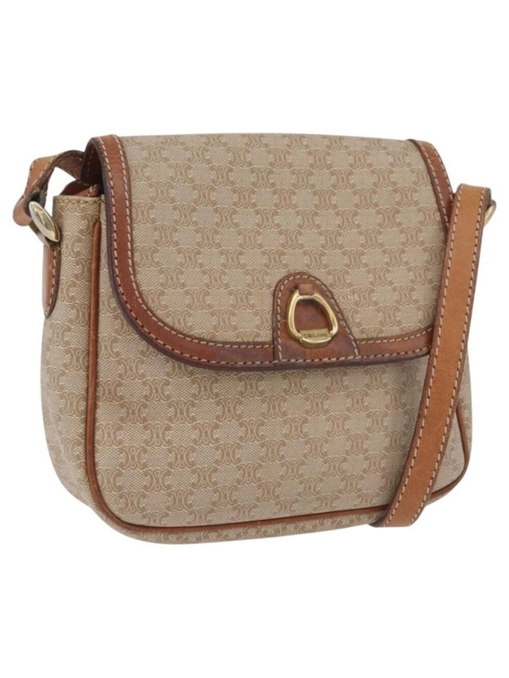 Authentic CELINE Macadam Canvas Shoulder Bag PVC Beige Gold
